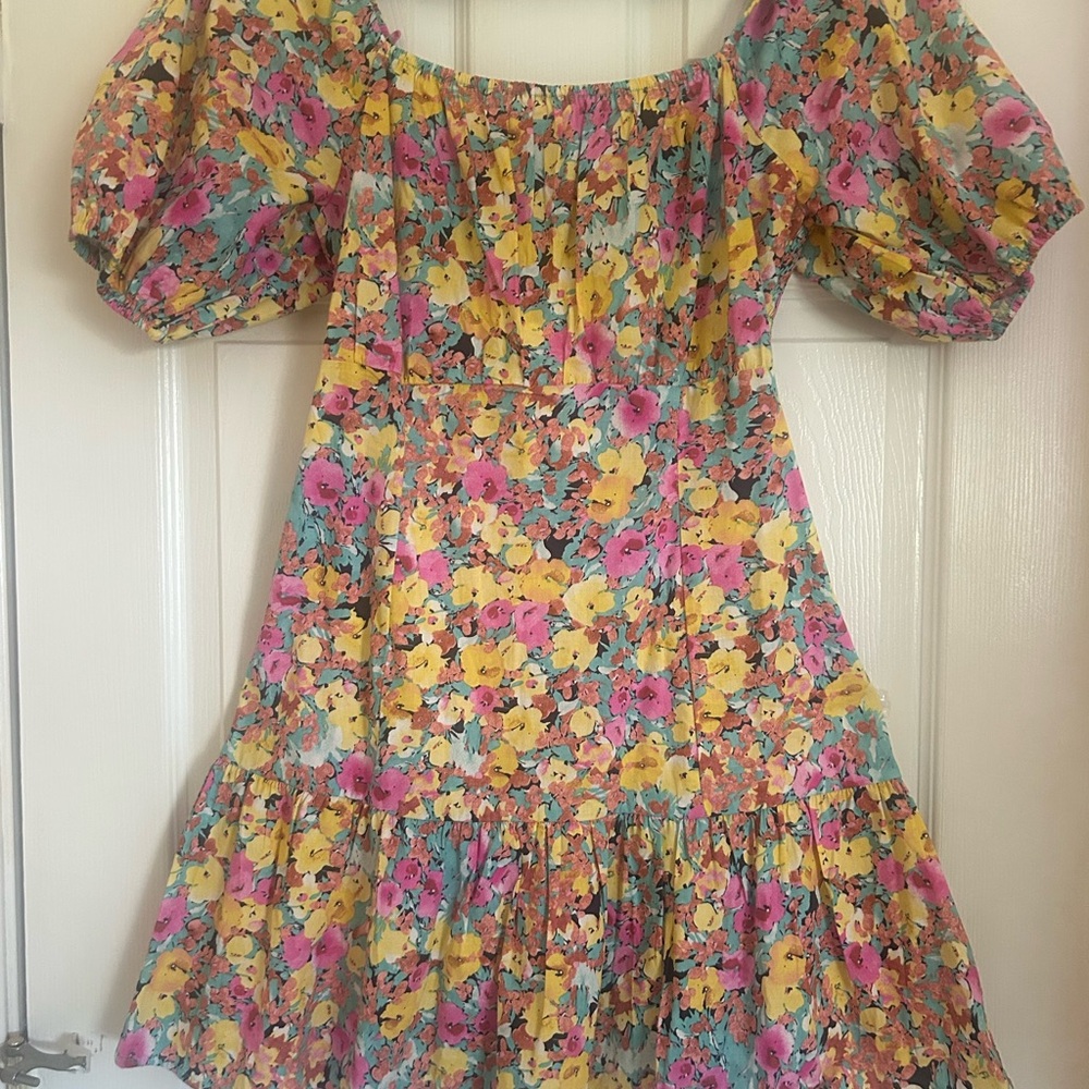 Lush mini dress floral design multi colored with yellows/pinks/teal&black.